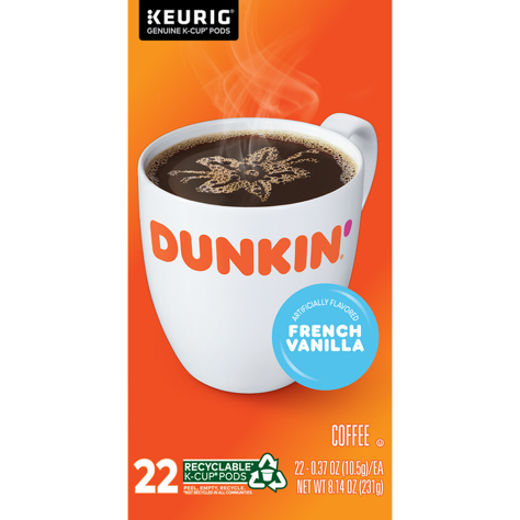 Picture of Dunkin' Donuts French Vanilla Light Roast Single-Serve Coffee, Cups, Compatible with Keurig Brewer, 22 Ct Box, 4/Case